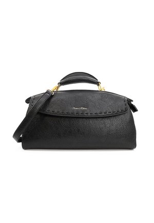 Borsa a tracolla in pelle nera con texture, manico superiore, tracolla staccabile e hardware dorato, con il marchio "Queen Helena" sul risvolto anteriore.