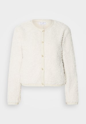 White, fluffy textured cardigan with long sleeves, round neck, and front button closure. Accented with a light beige trim.