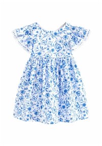 Blumenkleid in Weiß und Blau, aus Baumwolle, mit rundem Ausschnitt, kurzen, flatternden Ärmeln und gerafftem Bund. Verfügt über ein blauer Blumendruck.