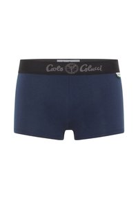 Navy blue men's boxer briefs with a black waistband featuring gray "Colcci" text and logo, plus a small fabric brand tag on the side.