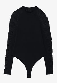 Svart langermet body med teksturerte volangärmer, en tettsittende design og høy hals. Laget av mykt, elastisk materiale.