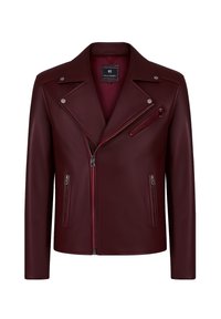 Burgunderfarbene Kunstleder-Motorradjacke mit asymmetrischem Frontrei�ßverschluss, silbernen Details und zwei seitlichen Taschen für Stauraum.