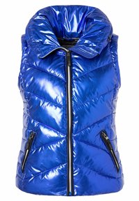 Blauer Puffer-Weste mit hohem Kragen, glänzender Textur, Zickzack-Steppmuster und zwei mit Reißverschluss versehenen Seitentaschen.