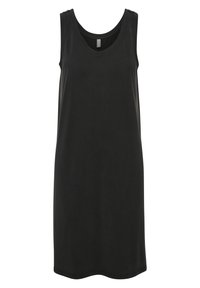 Černé bezramínkové tank šaty s kulatým výstřihem. Vyrobené z hladkého materiálu, mají volný střih a rovný lem. Bez vzorů nebo akcentů.