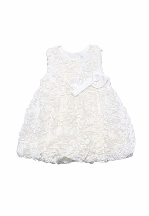 Abito bianco senza maniche per neonati con texture floreale in rilievo e fiocco bianco abbinato fissato in vita.