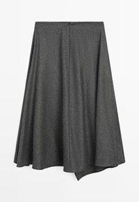 Gonna grigia al ginocchio con design svasato, realizzata in tessuto morbido. Presenta una chiusura con zip discreta sul retro e un orlo curvo.