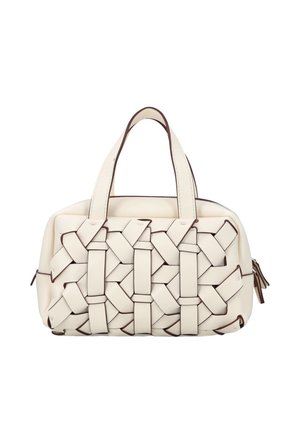 Krém színű kézitáska széles, kosármintás szövött pántokkal, dupla fogantyúkkal és oldalsó cipzárhúzóval.