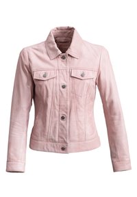 Roze leren jasje met een kraag, knoopsluiting en twee voorzakken. Voorzien van gestikte accenten en een getailleerde pasvorm.