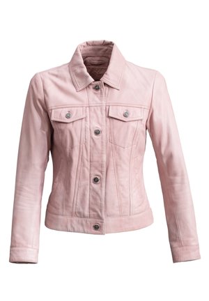 Rosa Lederjacke mit Kragen, Knopfverschluss und zwei Vordertaschen. Mit gesteppten Akzenten und taillierter Silhouette.