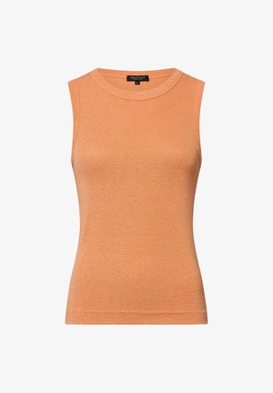 Ärmelloses Oberteil in hellorange, aus einem strukturierten Strickstoff mit einem subtilen Glanz. Hat einen runden Ausschnitt und eine taillierte Form.