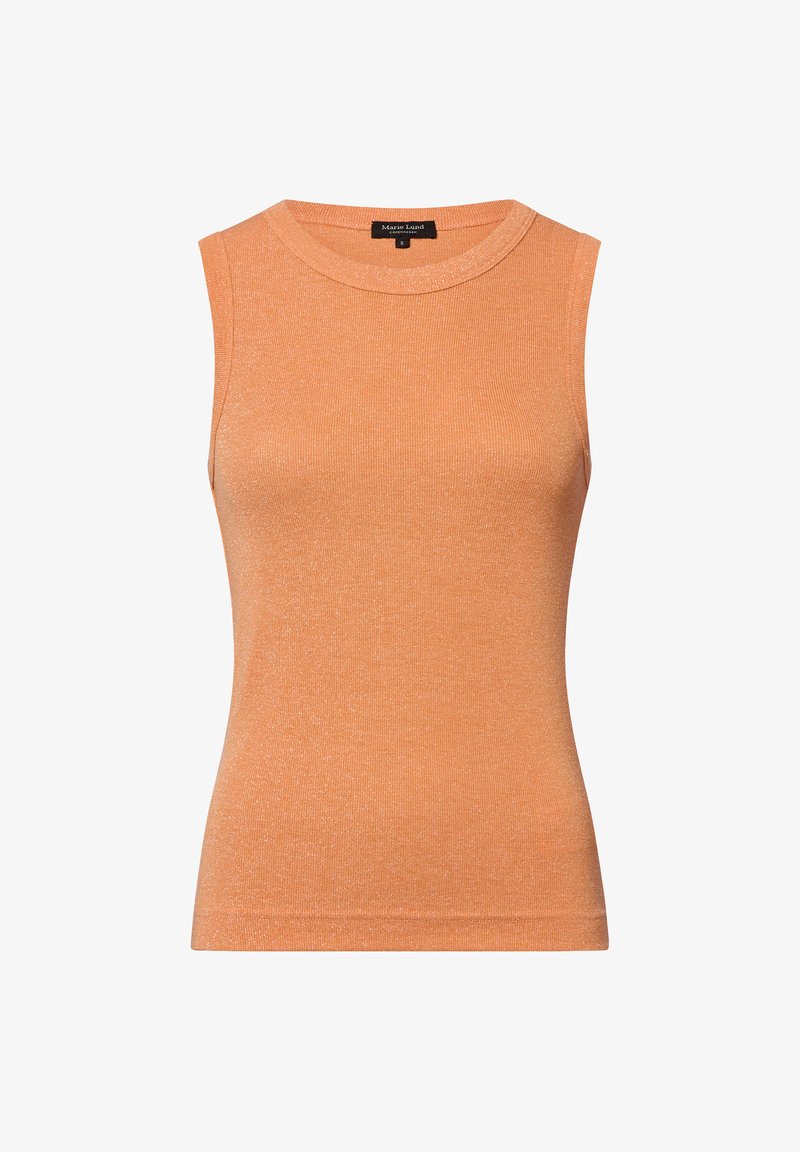 Top senza maniche di un leggero arancio, realizzato in un tessuto knit testurizzato con una leggera lucentezza. Presenta un collo rotondo e una forma aderente.
