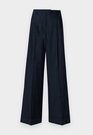 Pantalons larges en navy foncé, avec un subtil motif floral texturé, une taille ajustée et des ourlets nets.