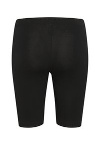 Pantalones cortos de bicicleta negros hechos de tejido elástico, con una textura suave y una longitud a mitad del muslo, con una cintura elástica.