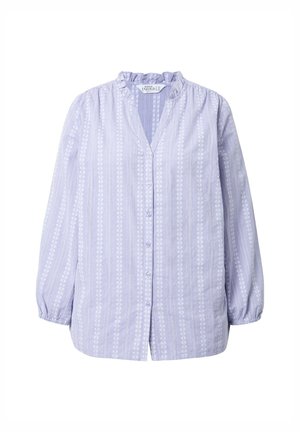 Lilla knap-up skjorte med lange, puffede ærmer og en flæset krave. Har lodrette striber og blomster mønstre over det hele.