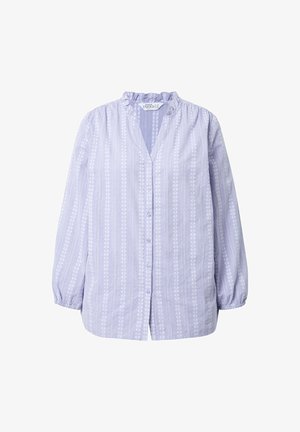 Lilla knap-up skjorte med lange, puffede ærmer og en flæset krave. Har lodrette striber og blomster mønstre over det hele.