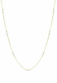 Collana in oro con perle bianche rotonde distanziate uniformemente lungo la lunghezza, con un design delicato e snello.