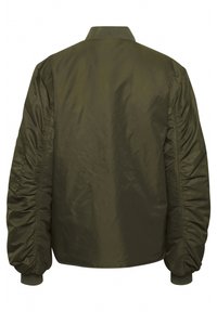 Veste bomber vert olive avec une texture lisse et brillante, col et poignets côtelés, et détails froncés sur les manches. Vue de l'arrière.