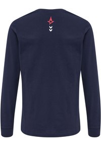 Navy Langarm-T-Shirt aus Baumwolle, mit einem roten Stern-Graphic und weißen Akzenten im oberen Rückenbereich. Einfache, glatte Struktur.