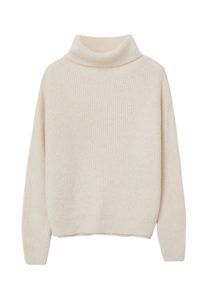 Maglione a collo alto in morbido tessuto a coste. Presenta un fit rilassato e maniche lunghe con orlo leggermente accorciato.
