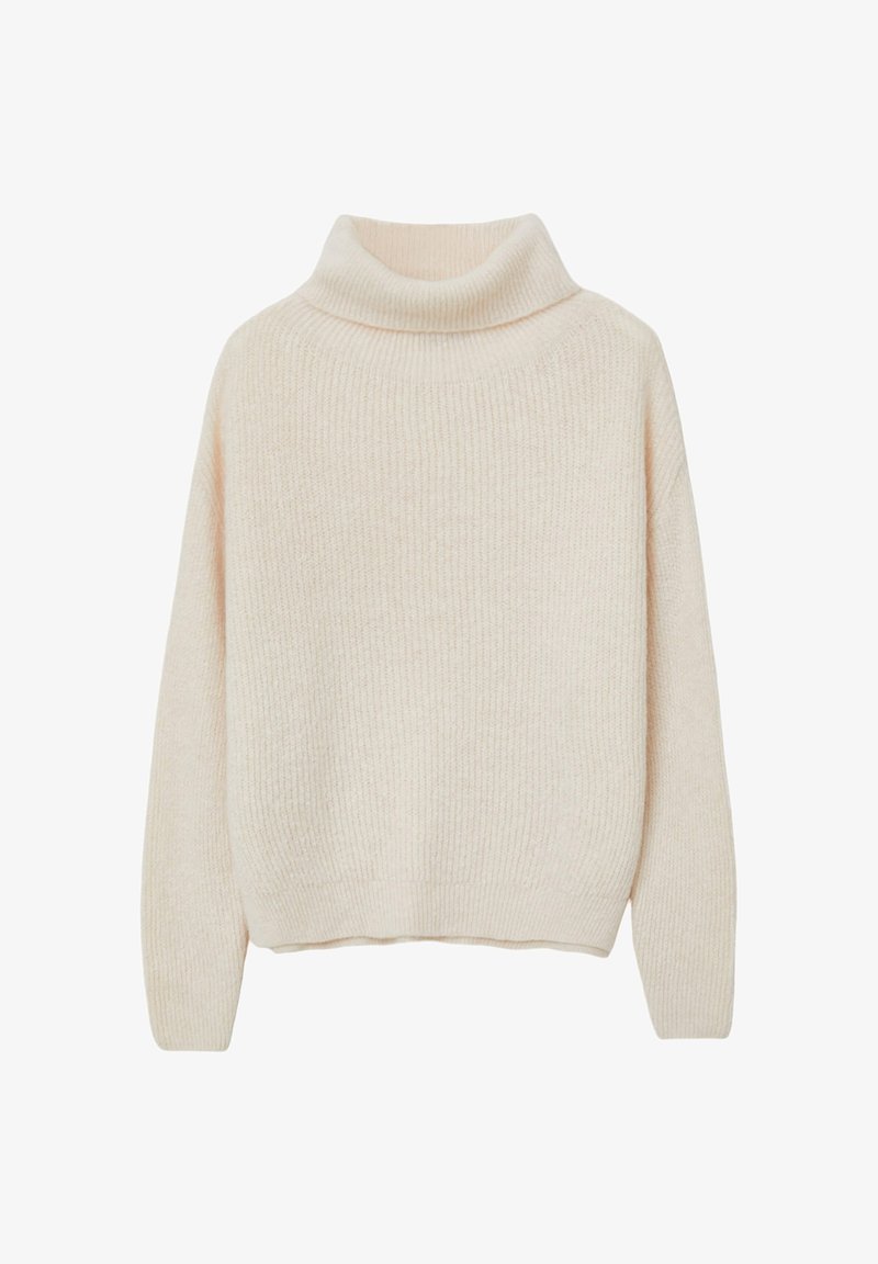 Maglione a collo alto in morbido tessuto a coste. Presenta un fit rilassato e maniche lunghe con orlo leggermente accorciato.
