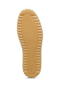 Strukturiertes Gummischuhsohle in Beige mit einem Zickzackmuster und eingeprägtem Branding. Die Sohle hat einen wellenförmigen Rand für zusätzlichen Grip und Flexibilität.