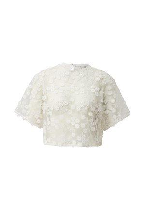 Witte semi-transparante korte mouw crop top met geborduurde kleine bloemenpatronen en een ronde halslijn met een knoopsluiting aan de achterkant.