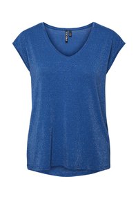 Top azul de manga corta con escote en V, confeccionado en una tela texturizada con toques de brillo plateado y un corte relajado.