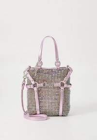 Gyöngyözött kézitáska rózsaszín műbőr díszítéssel, strasszkövekkel, felső fogantyúkkal és levehető vállpánttal.