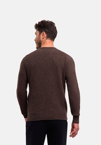 Maglione marrone a maglia con un motivo testurizzato, scollo rotondo e polsini a costine. La vista posteriore mostra una silhouette aderente.