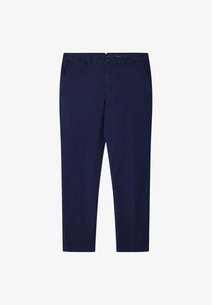 Pantaloni in cotone blu navy con vestibilità dritta, dotati di tasche frontali, chiusura con bottone e superficie liscia. Nessun motivo o dettaglio visibile.