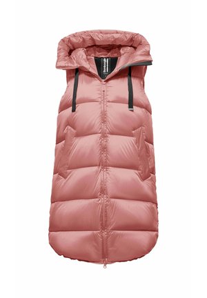 Puffige ärmellose Weste in Hellrosa, mit Kapuze, frontalem Reißverschluss und zwei seitlichen Taschen mit schwarzen Akzenten sowie verstellbaren Trägern.