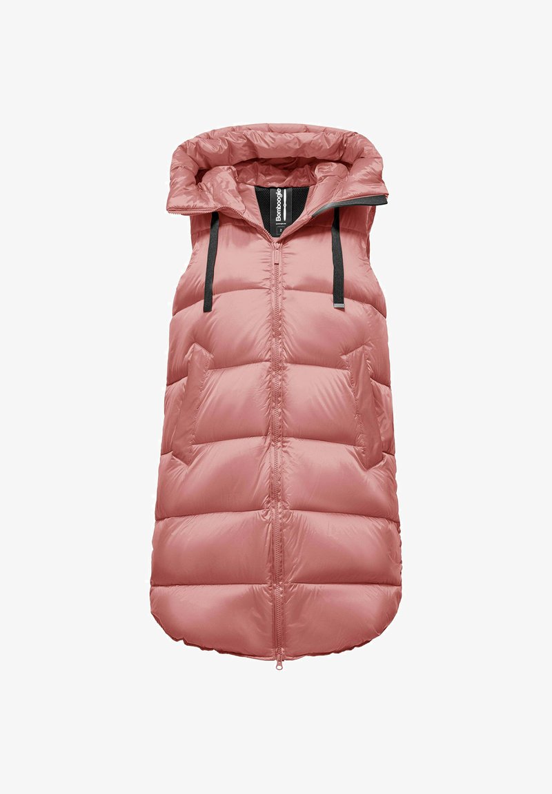 Dikke mouwloze vest in lichtroze, met een capuchon, een rits aan de voorkant en twee zijzakken met zwarte accenten en verstelbare banden.