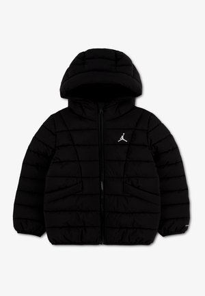 Schwarze, gepolsterte Kapuzenjacke mit Frontreißverschluss und kleinem weißem Jumpman-Logo auf der Brust, elastischen Bündchen und Seitentaschen.