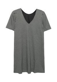 Sukienka z krótkim rękawem z materiału w czarno-białą kratkę hounds-tooth, z dekoltem w kształcie litery V i luźnym krojem.