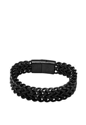 Bracelet en métal noir avec un design de chaîne tressée épaisse et une fermeture à clip rectangulaire.