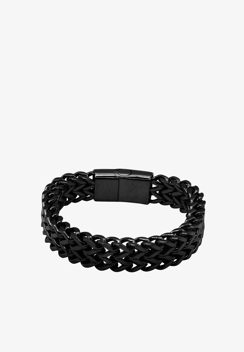 Bracelet en métal noir avec un design de chaîne tressée épaisse et une fermeture à clip rectangulaire.