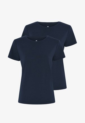 To navyblå crew-neck t-shirts lavet af glat bomuldsblandingsstof med korte ærmer og en regulær pasform, der har et simpelt, ensfarvet design.
