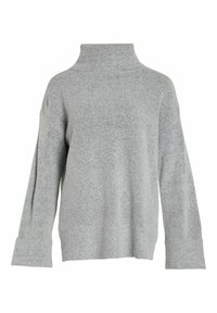 Hellgrauer, oversized Pullover mit hohem Kragen, langen Ärmeln, strukturiertem Strickstoff und weiten Bündchen. Lockere Passform mit minimalen Nähten.