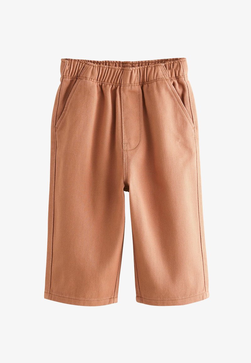 Light brown shorts with an elastic waistband, two side pockets, and a subtle diagonal texture, featuring a straight cut and hemmed edges.