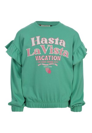 Groen sweatshirt met geschulpte schouderdetails en roze tekst "Hasta La Vista Vacation" met kleinere decoratieve zinnen en hibiscusbloemen.