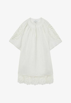 Valge põlvepikkune kleit lühikeste laia varrukatega, millel on ümmargused pitssisaldused ja pitsiga ääristatud hemline.