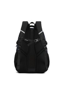 Zaino nero con pannello posteriore in rete, spallacci imbottiti e dettagli riflettenti. Dotato di cinturino toracico regolabile e design ergonomico per il massimo comfort.