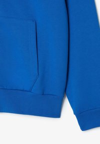 Sweatshirt bleu avec une poche kangourou, des poignets et un ourlet côtelés. Texture lisse avec une couleur unie et des coutures renforcées.