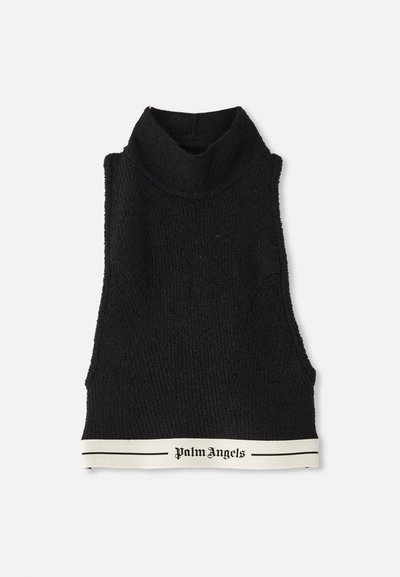 Black sleeveless knitted top with high collar and white hem band featuring "Palm Angels" text and black horizontal lines.