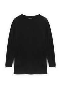 Černý pletený svetr s kulatým výstřihem, rukávy ke třičtvrtinám, žebrovaným lemem a zipovými detaily na bočních švech. Měkká textura.