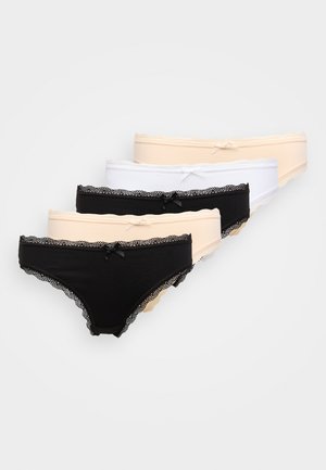Cinq culottes pour femmes en noir, blanc, beige et beige clair, ornées de dentelle et de petits nœuds sur le devant.