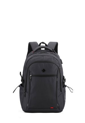 Gray backpack with a smooth, textured finish, multiple zippered compartments, adjustable straps, and red accent near the base.