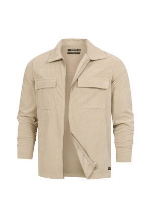 Giacca in corduroy beige con maniche lunghe, colletto a punta, zip frontale e due tasche a patta sul petto, mostrata parzialmente aperta.
