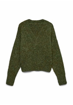 Žalias megztinis su tekstūruotu paviršiumi, V formos iškirpte, ilgomis rankovėmis ir trumpintu apačios dizainu. Pagamintas iš minkštos, šiltos medžiagos.
