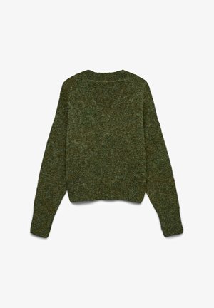 Žalias megztinis su tekstūruotu paviršiumi, V formos iškirpte, ilgomis rankovėmis ir trumpintu apačios dizainu. Pagamintas iš minkštos, šiltos medžiagos.